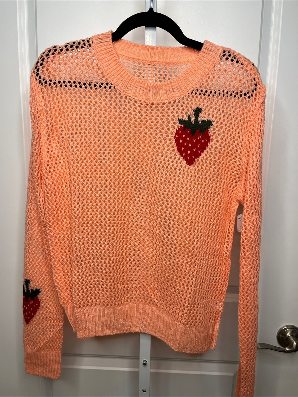 Peach Open-Knit Crochet Sweater with Strawberry Motif Large